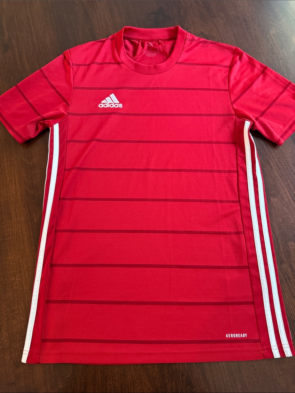 adidas Red Short Sleeve AEROREADY Training Jersey with White Stripes. Size S.